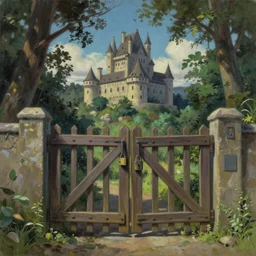 The gates were shut again, locked tight. I never knew what lay on the other side. an oil painting of an old castle in a forest rendered in oil on canvas by Makoto Shinkai and jean-pierre ugarte unreal engine