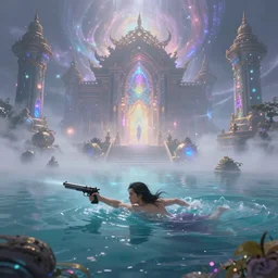landscape of hero with pistol swimming in chromatic SPIRITS in misty mysterious astral temple, beautiful, dmt, trending on artstation, omnious, soft, artwork by Wong, Liam