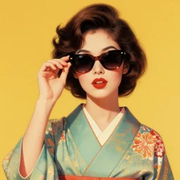 grainy vintage 70s retrofuturist autochrome airbrush illustration of a beautiful woman wearing sunglasses and a kimono,