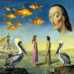a beautiful abstract with goldfish, pelicans and a human couple in an alien landscape by salvador dali and gerald brom w 1 0 2 4