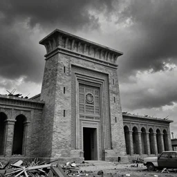 new york city being rebuilt as mesopotamian architecture. dark, atmospheric, stormy weather, ansel adams 1 9 5 7