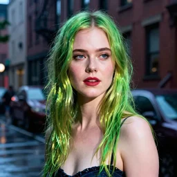 night flash portrait photography of elle fanning with green hair on the lower east side by annie leibovitz, colorful!!, nighttime!, raining!