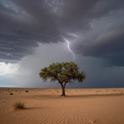 a dramatic landscape photo by ryan dyar of a thunderstorm over a lonely tree in the desert, highly detailed, 8 k
