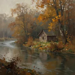painted by ismail inceoglu, this is a false dream. on the banks of the seine river in autumn, the hunter's cabin in the forest is picturesque, gloomy atmosphere, fantasy, warm and lonely, mist, atmospheric light, trending on artstation, large strokes, digital painting