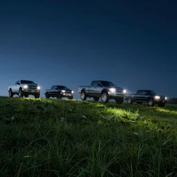 100 pickup trucks jumping across the grass hills field at midnight!!!!!!!, 4k cinematic photography, realistic