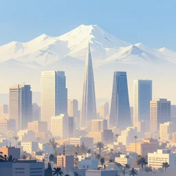 a retrowave aesthetic style artwork of a tel aviv city divine hazy volumetric lighting snowy summits in the backg