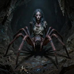creepy matte painting of a female spider drider centaur with eight spider legs in a dark cave wearing a ragged shirt, ultra detailed, monster, half human half spider, human torso and head, spider thorax, creature design, concept art, 8 k, moody lighting, muted colors, blue tone light, dramatic lighting, realistically proportioned face