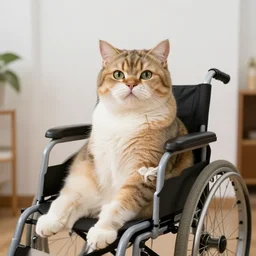 super fat cat sitting in a wheelchair