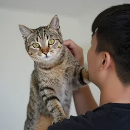 cat climbing on human photograph stock image