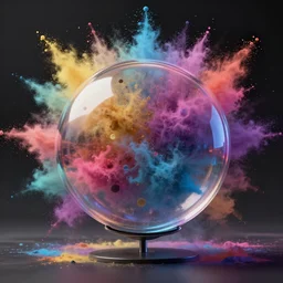 big glass sphere,colourful powder exploding around sphere,hyper realistic,vfx,houdinifx,vray,cinematic composition,cinematic lighting,octane render,8k remder