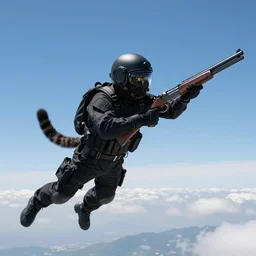 a cat skydiving like a commando while holding a shotgun in one paw with full black suit