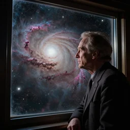 patrick stewart looking at a nebula framed outside a window