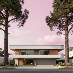 modernist house inspired by a taco bell between big trees, light pink clouds, dramatic lighting, artstation, matte painting, raphael lacoste, simon stalenhag, frank lloyd wright, zaha hadid