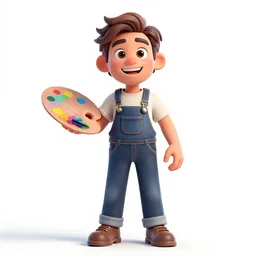 cheerful painter with palette, detailed 3d character render, full body, standing, isolated on a pure white background, centered, whole figure in frame, sharp focus, studio lighting