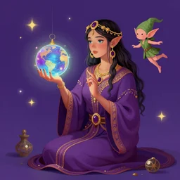 a mystical digital concept art of a fortune telling gypsy, a magic ball in her hand, a small elf flying beside her, mucha style