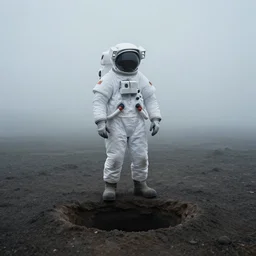 an astronaut standing next to a round hole in the ground, extremely foggy day, gray, moody, mysterious