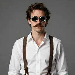 steampunk adam brody, mustache, googles, suspenders, white shirt, in the style of artgerm and charlie bowater and atey ghailan and mike mignola, epic lighting, vibrant colors and hard shadows and strong rim light, very coherent, comic cover art, plain background, trending on artstation