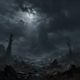 A highly detailed 4K fantasy matte painting of a post apocalypse. Dark. Cloudy. Night time. Nuclear winter. Craig Mullins, ArtStation, CGSociety, Unreal Engine