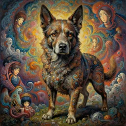 a dog human hybrid creature, intense intricate detail, beautiful and gorgeous design, cinematic composition, painting masterpiece by rembrandt, michelangelo, junji ito, yoji shinkawa, takehiko inoue, psychedelic imagery background, fractal clouds
