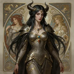 demoness, female, d & d, fantasy, intricate, elegant, highly detailed, digital painting, artstation, octane render, concept art, matte, sharp focus, illustration, hearthstone, art by artgerm and steve argyle and alphonse mucha