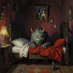 realistic detailed of a little monster  hiding  under the bed in an old soviet room by  Ayami Kojima, Amano, Karol Bak, Greg Hildebrandt, and Mark Brooks, Neo-Gothic, gothic, rich deep colors. Beksinski painting, part by Adrian Ghenie and Gerhard Richter. art by Takato Yamamoto. masterpiece. ultra details, high quality, high resolution .