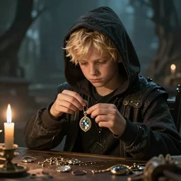 A blonde boy thief stealing a pendant, epic fantasy art style