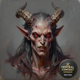 a painting of a demon with horns on his head, a character oil on canvas portrait by gerald brom, zbrush central contest winner, fantasy art, polycount, grotesque, artstation hq