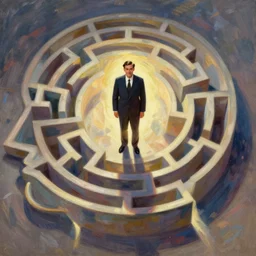 A suited man standing in the middle of a head-shaped maze, overhead shot, wide shot, painting, stylistic, art by Norman Rockwell
