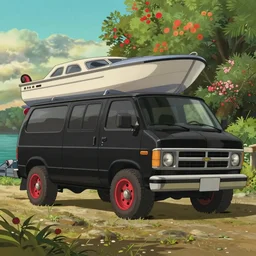 a wholesome animation key shot of one!! focused, custom black 1 9 8 3 gmc van, big red alloys, towing a boat, lakeside, medium shot, studio ghibli, ( disney animation ), sharp, very detailed, high resolution, rendered in unreal engine 5, anime key art by greg rutkowski, bloom, dramatic lighting