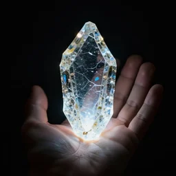 a glowing shard of kryptonite held in an open hand, black background