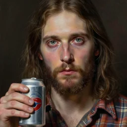 portrait of redneck jesus, pale unhealthy skin. round face, holding beer can. plaid shirt. extreme fine detail background, highly detailed, detailed eyes, high quality, digital painting, poorly lit, hyperrealistic, by gaston bussiere, j. c. leyendecker, craig mullins
