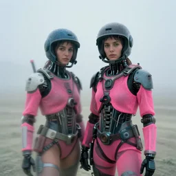 cinestill hasselblad 8 5 mm, f 1. 2, tele lens, extreme motion blur, candid photographic portrait by helen levitt of 2 cyborgs wearing helmets and rugged neon pink mesh techwear in treacherous fog, burning man nevada, modern cyberpunk moody depressing cinematic, pouring rain, ultra realistic faces, ex machina