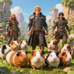 hyper realistic cute guineapigs everywhere, by simon stalenhag, frank frazetta, greg rutkowski, beeple, christian macnevin, wlop and krenz cushart, epic fantasy character art, volumetric outdoor lighting, midday, high fantasy, cgsociety, cheerful colours, full length, exquisite detail, post - processing, masterpiece, cinematic