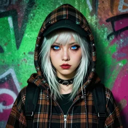 highly detailed portrait of a sewer punk lady student, blue eyes, tartan hoody, hat, white hair by atey ghailan, by greg rutkowski, by greg tocchini, by james gilleard, by joe fenton, by kaethe butcher, gradient green, black, brown and magenta color scheme, grunge aesthetic!!! ( ( graffiti tag wall background ) )