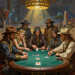 The gods of pop culture playing poker theme western meets sci-fi, oil paint on canvas, art deco era