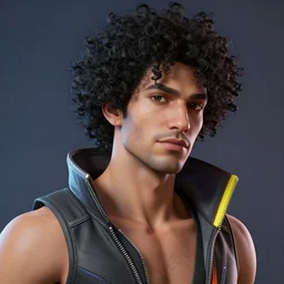 cyberpunk portrait of curly black hair man from overwatch 2, au naturel, hyper detailed, digital art, trending in artstation, cinematic lighting, studio quality, smooth render, unreal engine 5 rendered, octane rendered, art style by klimt and nixeu and ian sprigger and wlop and krenz cushart.