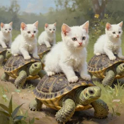 white soldier kittens riding turtles, battalion, digital oil painting, trending on artstation