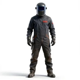 dashing welder with mask, high detail digital art, full body, standing, isolated on a pure white background, centered, whole figure in frame, sharp focus, studio lighting