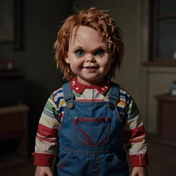 pixel sorting in the style of screaming chucky doll, underexposed film, color film grain, ultra realistic