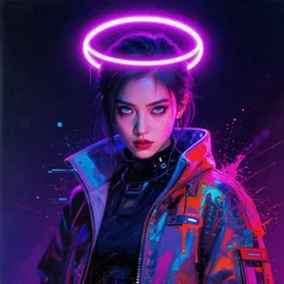 a cyberpunk with beautiful eyes wearing futuristic clothing and a neon halo, defiant, passionate, spotlight, paint drips, paint splatter, vibrant colors, dramatic, canvas texture, futuristic clothing, glitch art by carl dobsky and jeremy mann