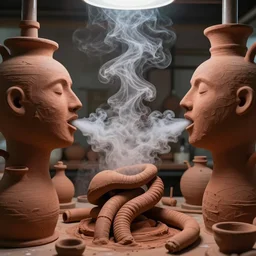 an alchemical laboratory of vapour voices made from ceramic vessels, air flow, clay, no humans, vapour, larynx, oesophagus, clay pipes, 8 k, unreal, high resolution, vivid rusty colours,