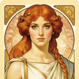 portrait of cassandra the trojan prophetess, redgold hair, greek nose, high cheekbones, meditteranean facial features, braided brown hair, green eyes, greek chiton, high fantasy, dnd, smooth, sharp focus, illustration, by rossdraws, alphonse mucha, frank fanzzeta, collectible card art