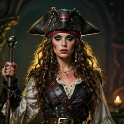 magical and mystical pirate queen, octane render, rembrandt, cgsociety, artstation trending, horror scene, highly detailded