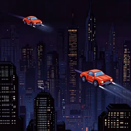 dark futuristic city and flying cars in the style of pixel art from commodore amiga
