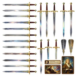 sword sprite sheet, rpg iridescent broad sword design, ornament design, handpainted tabletop card game, tabletop game props, full page grid sprite sheet, game assets, asset sheet, sprite sheet, in the style of ArtGerm, Andreas Rocha, Atey Ghailan, Arkhip Kuindzhi