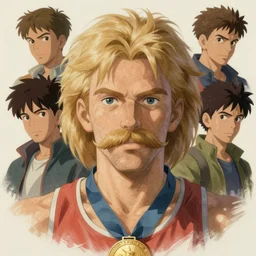 massive blond athlete with mustache, he has a medal with french flag on it, art by studio ghibli and j. c. leyendecker and greg rutkowski and artgerm and ilya kuvshinov, portrait, d & d, fantasy, highly detailed, digital painting, headshot, trending on artstation, concept art, sharp focus, illustration