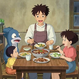 a happy fish family eating dinner, studio ghibli, illustration, anime pixie