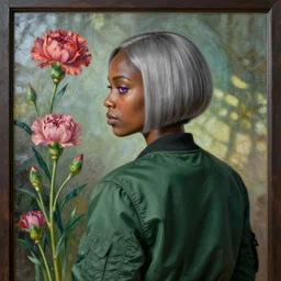 black woman, short bob!!! hairstyle, light grey!!! hair colour, purple eyes, wearing dark green bomber jacket, by gustave dore. back glass painting, carnation, encaustic painting, b - roll, establishing shot, dappled light, crime scene photography, 8 k, vray, unreal engine, blender cycles, colorful