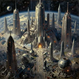a vast planetary sci-fi city, In style of Bekisnski, Tsutomu Nihei, Dark Fantasy, warhammer 40.000, oil on canvas, artstation, dramatic scenery, masterpiece, aesthetic