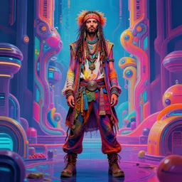 colorful full body portrait of a hippie, set in the future 2 1 5 0 | highly detailed | very intricate | symmetrical | professional model | cinematic lighting | award - winning | painted by mandy jurgens | pan futurism, dystopian, bold colors, cyberpunk, groovy vibe, anime aesthestic | featured on artstation